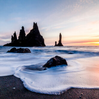 Sunset,At,Reynisfjara,Black,Sand,Beach,During,Winter,In,Southern